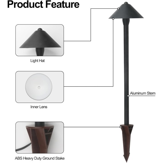 Landscape Lighting, Landscape Pathway Lights, 3W LED 12V Low Voltage LED 270 Lumen Warm White Cast-Aluminum Waterproof for Yard, Lawn, Garden, Porch and Patio Outdoor Lighting (8PK, Black)